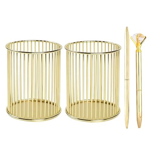 Image of Jiayaus 2PCS Pen Holder, 2Pcs Pencil Holder with 2Pcs Pen, Gold Round Pen Pot, Metal Makeup Brush Holder for Desk, Office, Home and School