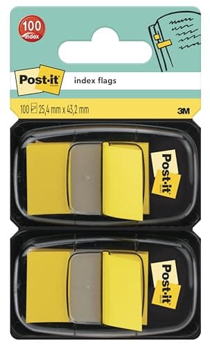 Image of Post-it Index Flags, Medium, Yellow, 2 Dispensers 25.4 mm x 43.2 mm, 100 Flags - to Mark, Highlight or Color Code Important Information