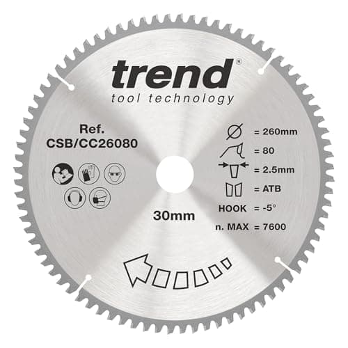 Image of Trend Wood Mitre Saw Blade, 260mm Diameter, 30mm Bore, 80 Teeth, 2.5mm Kerf, -5° Hook, TCT, Extra-Fine Finish, CSB/CC26080