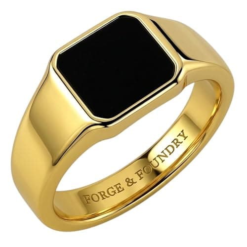 Image of Forge & Foundry Men's Polished 18K Gold Plated Stainless Steel and Onyx Gemstone Signet Ring | The Gentleman's Ring | Hand-Crafted Jewellery, Designed by Jewellers, Forged for Men (R)