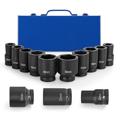 Image of Trintion 10Pcs Impact Socket Set 1 Inch Metric Large Socket Set 22mm to 50mm Deep Wrench Sockets Drive Shaft Auto Car Tool Set with Plastic Storage Box for Vehicles Maintenance