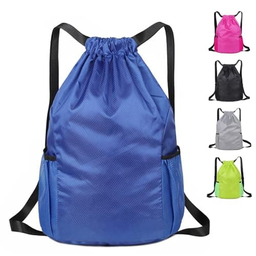 Image of Toced Drawstring Bag, Unisex Large Sports Backpack String Drawstring PE Bags, Sport Gym Sack have Two Side Pockets, Travel Beach Swim School Bag with Waterproof (Royalblue)