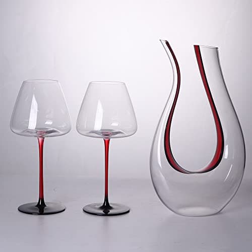 Image of HALAWAKA Wine Decanter - 100% Lead-Free U Shaped Crystal Glass Wine Carafe Hand-Blown Black-Red Red Wine Decanter Carafe