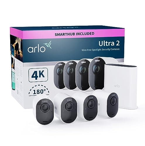 Image of Arlo Ultra 2 Security Camera Outdoor, 4K UHD, Wireless CCTV, 6-Month Battery, Colour Night Vision, Weatherproof, Bright Spotlight, 2-Way Audio, 4 Cam Kit, Arlo Secure Trial Included, White