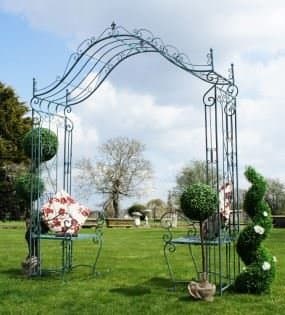 Image of Black Country Metal Works Beau Brummell Wrought Iron Garden Seat with Garden Arbour design in Antique Pale Blue