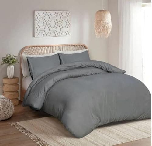 Image of Luxury 100% Egyptian Cotton Duvet Cover Set – 200 Thread Count Plain Dyed Bedding with Pillowcases – Easy Care, Non-Iron – Single, Double, King & Super King Sizes (Grey, Double)