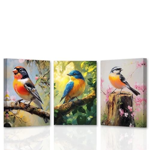Image of CCWACPP Bird Canvas Wall Art Colorful Animal Wall Decor 3 Pieces Birds on Branch Pictures Print Living Room Office Decor Framed (30x40cmx3)