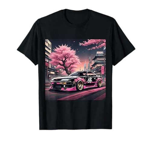 Image of Retro JDM Drift Race Car Tokyo Skyline Sakura Blossom Art T-Shirt