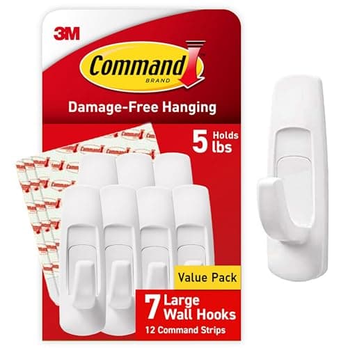 Image of Command Hooks Large Utility Damage Free Hanging, Sticky Hook and Adhesive Strips Pack, No Tools for Multi Purpose Hanging, 7 White Heavy Duty Hooks and 12 Strips