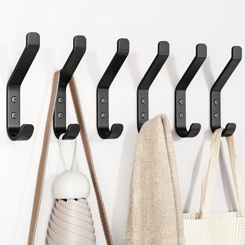Image of susswiff Black Door Hooks for Hanging Coat - 10KG (Max) Wall Hook Heavy Duty Holder for Cloth, Towel, Backpack, Aluminum Hanger, 6 Pack, Matt Black, Screw Included