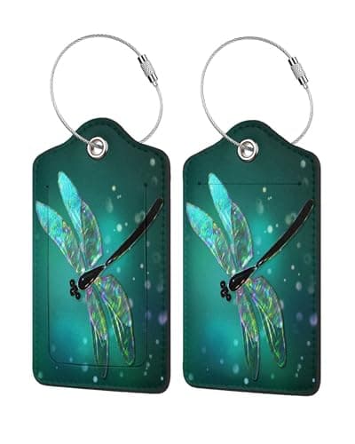 Image of 2 Pack Luggage Tags, Travel Cruise Green Dragonfly Personalised Luggage Tags with Privacy Flap, Name ID Label and Metal Loop for Women Men Baggage Handbag School Bag Backpack