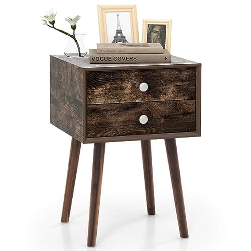 Image of COSTWAY Bedside Table, Mid-Century Modern Nightstand End Sofa Side Tables with 2 Storage Drawers, Solid Wood Legs Bedside Cabinet Accent Tea Table for Living Room Bedroom (1, Rustic Brown, 40x40x59cm)