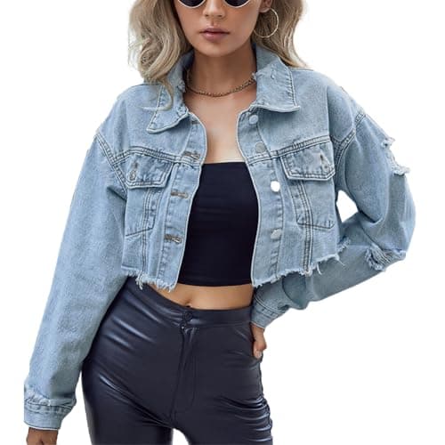 Image of Tidecc Women's Cropped Denim Jacket Long Sleeve Button Down Fringe Raw Hem Ripped Jean Cardigan Outerwear Blue