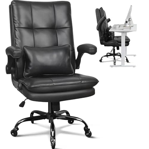 Image of BASETBL Ergonomic Executive Office Chair, Double-Layer Thick Seat Cushion Lumbar Support Flip-Up Armrests Height Adjustable, PU Leather Black, Rubber Casters Computer Desk Chairs for Home & Business