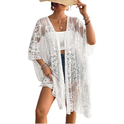 Image of Qianderer Women's Lace Kimonos Bikini Cover-Up Summer Beach Coverup Swimsuit 3/4 Sleeves Open Front Sheer Mesh Crochet Kimono Cardigan (Ba White, One Size)