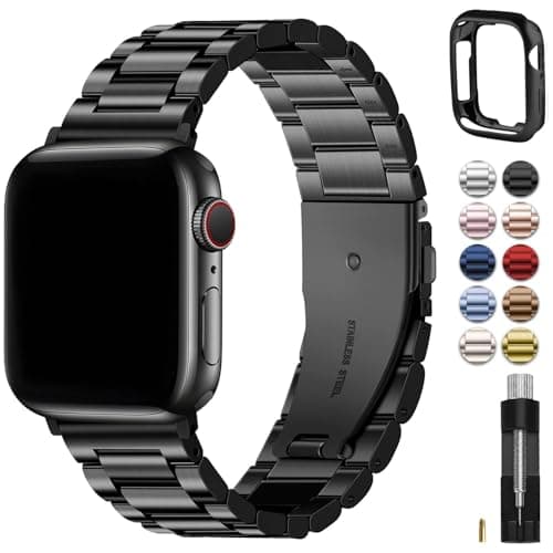 Image of Fullmosa Compatible with Apple Watch Straps 44mm 46mm 45mm 49mm 42mm 41mm 40mm 38mm, Metal Stainless Steel Replacement Bands for iWatch Ultra SE 3 2 1 Series 11 10 9 8 7 6 5 4, Black & Protective Case