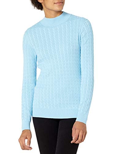 Image of Amazon Essentials Women's Lightweight Long Sleeve Classic Cable Knit Funnel Neck Jumper, Sky Blue, S
