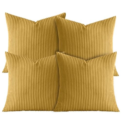 Image of AMEHA Soft Stripe Ochre Velvet Cushion Covers 45 x 45 cm Set of 4 Pcs with Invisible Zipper Decorative Square Throw Pillowcases for Bedroom, Sofa (18x18 inch Stripe Cushions)