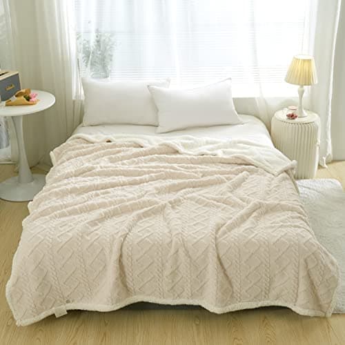 Image of DREAMLANDING Sherpa Fleece Blanket Sofa Throw Double-Sided Super Soft Warm Throw Blanket For Bed, Sofa, Couch (Beige Cable, 150×200cm)