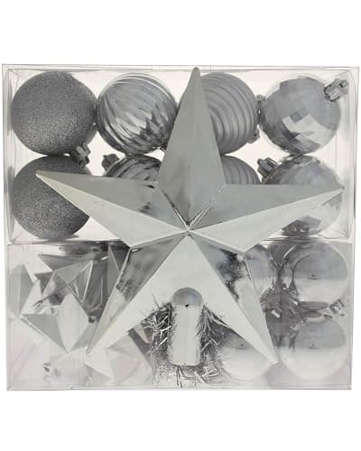 Image of WeRChristmas 42-Piece Shatterproof Baubles Decoration Pack with Tree Topper & Garland - Silver, Silver