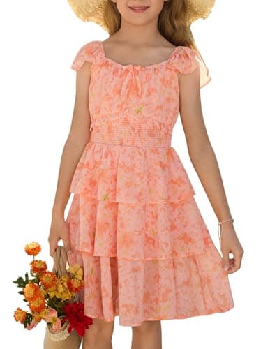 Image of GRACE KARIN Girls Summer A-Line Tiered Floral Dress, Ruffle Sleeve Square Neck Midi Flower Girl Party Dresses 6-14 Years Orange Flowers 6-7 Years
