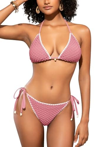 Image of SHEKINI Women Triangle Bikini Sets 2 Pieces Halter Neck Swimming Costume Low Waisted Sexy Tanga Swimsuits,Dusty Pink-L