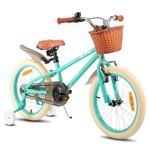 Image of Hiland 18 Inch Kids Bike with Basket & Stabilisers, Bicycle for Girls with Hand Brake Coaster Brake, Green
