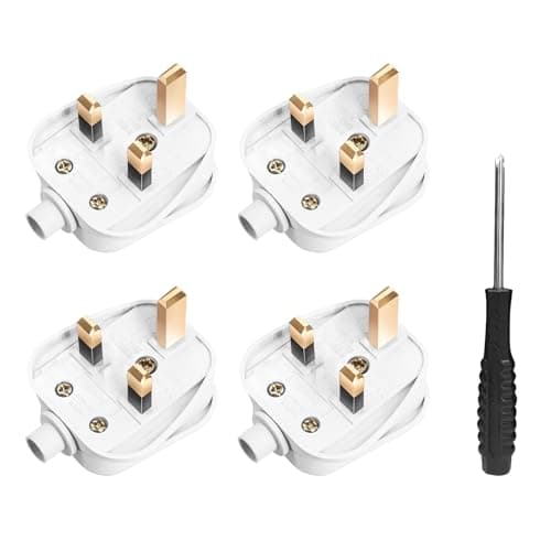 Image of UK Plugs with 13 AMP Fused, 3 pin Mains Plug with Cord Grip Rewireable Heavy Duty Electrical Plug, Rubber Composite Plug, 4 Pack - White