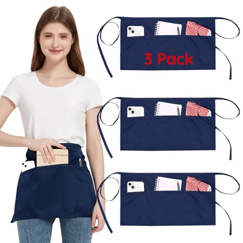Image of 3 Pack Waist Apron with 3 Pockets, Navy Blue Waitress Waiter Aprons for Women Man, Water Resistant Server Aprons Long Straps Bistro Apron for Chef Restaurant Work Bar (3, Navy Blue - 23.62''X11.81'')