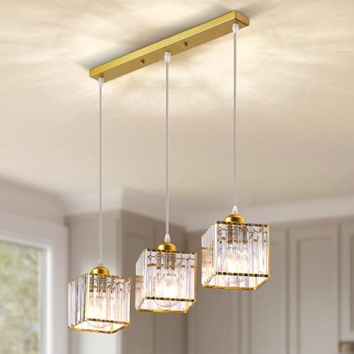 Image of Warmiehomy Modern Crystal Chandelier 3 Lights, Hanging Lights Adjustable Height, E27 Pendant Ceiling Light for Kitchen Island, Living Room, Bedroom, Hallway,Square,L50*W15*H120cm(Gold)