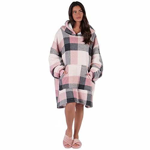 Image of Dreamscene Winter Check Hoodie Blanket Oversized Sherpa Fleece Wearable Soft Warm Cosy Thermal Throw Blanket for Adults, One Size Fits Most - Blush Pink White