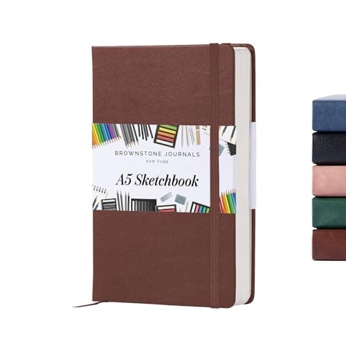 Image of BROWNSTONE JOURNALS A5 Sketch Book Hardcover - 80 Sheets 100 GSM Paper 5"x8", Lay Flat, Vegan Leather Cover, Elastic Band, Back Pocket, Art Drawing Book (Chestnut Brown)