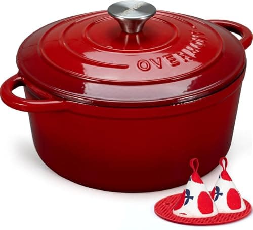 Image of Overmont 26cm/5.2L Enamelled Cast Iron Round Casserole Dish With Lid,5.5QT, Cookbook -Non-stick Dutch Oven for Braising, Stews, Roasting, Bread Baking - Cherry red