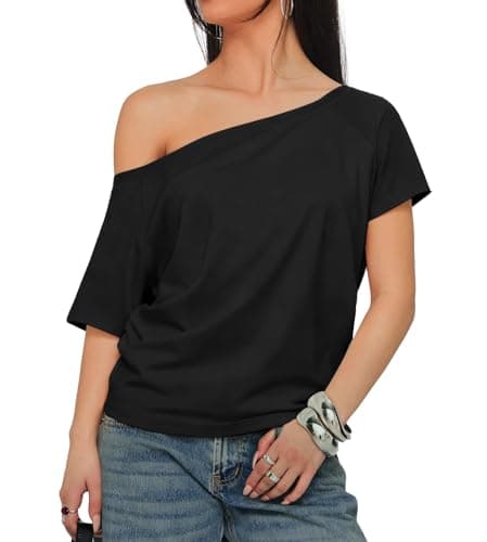 Image of INFITTY Shirts for Women Off The Shoulder Tops 2026 Summer Casual Short Sleeve One Shoulder Trendy Y2k Clothing Black L