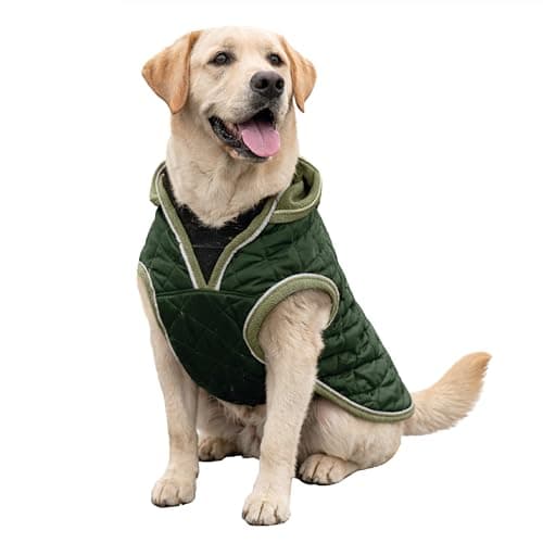Image of HugglePets Legacy Quilted Dog Coat | Khaki Green | Adjustable Belly Strap with Zipped Collar | Thermal Dog Coat with Harness Hole | Reflective Winter Adult and Puppy Jacket | Large (50cm)