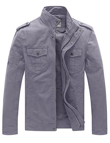 Image of WenVen Men's Casual Cotton Jacket - Outdoor Lightweight Leisure Classic Full-Zip Military Jacket - Light Grey XL
