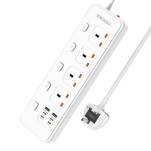 Image of SDKDZKG 3M Extension Lead with 4 USB-C Ports and 2 USB-A Ports, 4 Way Sockets Outlets(13A/3250W) Power Strip with Individual Switches Overload Protection and 3M Extension cord for Home Office(SDK-G62)