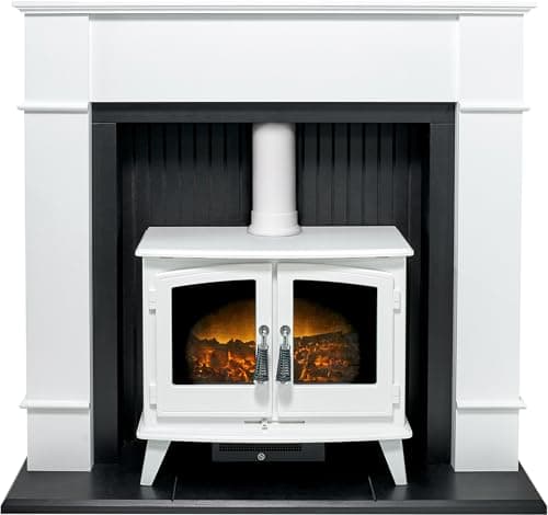 Image of Adam Oxford Stove Fireplace in Pure White with Woodhouse White Electric Stove, 48 Inch