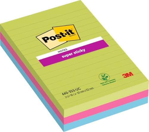 Image of Post-it Super Sticky Large Notes, Lined, 270 Sheets, Pack of 3 Pads, 101 mm x 152 mm - Holds Strong to Many Surfaces - Assorted Colours - for Walls, Monitors and Fridge, Recycable