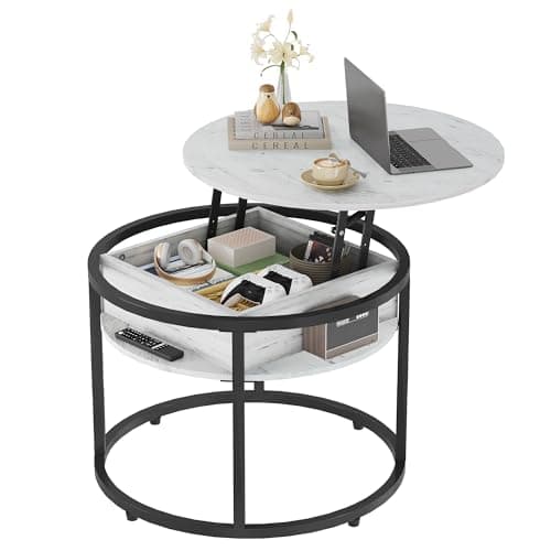 Image of WLIVE Round Lift Up Coffee Table, Coffee Tables for Living Room with Storage & Hidden Compartment, Lift Top Table for Home Office, Round Centre Tables for Living Room, White
