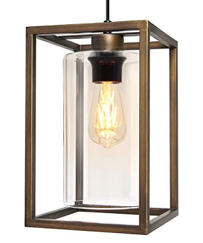 Image of Antique Brass Lantern Ceiling Pendant Light Rectangular Frame with Clear Glass Shade Heritage Vintage M0155F