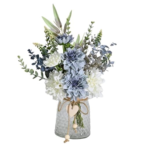 Image of NAWEIDA Artificial Flowers with Vase, Faux Dahlia Flower Arrangement in Glass Vase, Blue and White Silk Flowers with Eucalyptus for Home Office Kitchen Dining Table Centerpiece Decor