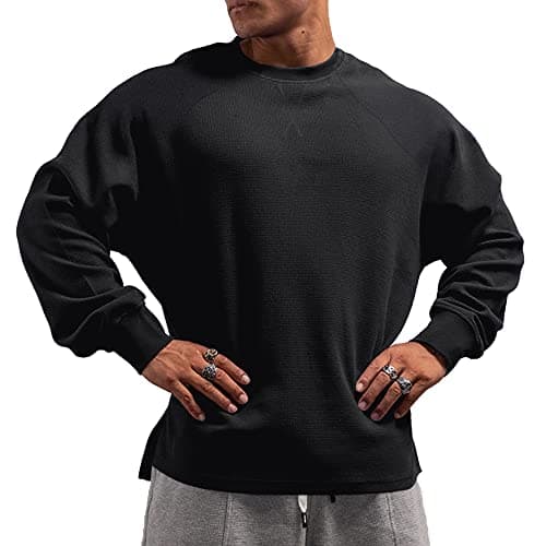Image of Men's Basic Long Sleeve Waffle Sweatshirt Loose Fit Workout Pullover Crewneck Shirt Color Black 2XL