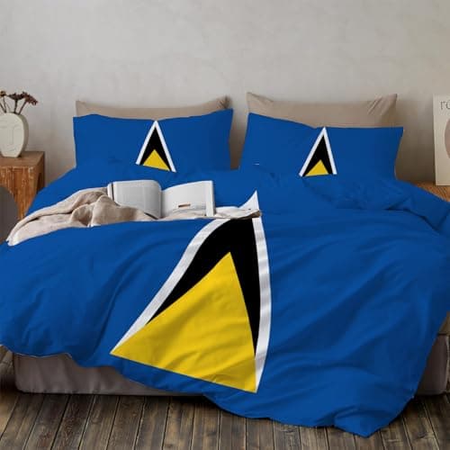 Image of Saint Lucia Flag Double Duvet Set Navy Blue Reversible Easy Care Microfiber 3 Piece Bedding, Simple Triangle Geometric Design Quilt Cover And Pillow Cases, Soft Breathable Washable Quilt Cover