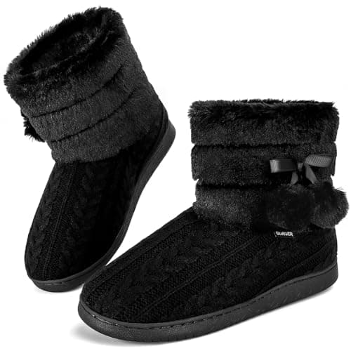 Image of GURGER Slippers Boots Women Fur Lined Booties Slippers Ladies Memory Foam Winter Warm Ankle Boots Knit Fluffy Pom Pom House Shoes Black Size 3.5 4