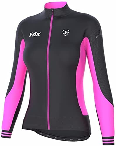 Image of FDX Women’s Thermal Cycling Jersey Long Sleeve Winter Bike Jacket Windproof Water Resistant Roubaix Fleece Cycling Top with 3 Pockets, Reflective High Visibility Riding Jersey (Black/Pink, Large)