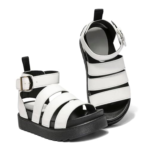 Image of INNERSECT CO Kids' Open Toe Strappy Platform Sandals – Comfortable Flatform Sandals with Adjustable Ankle Strap for Girls (WHITE, Little Kid, Women, 13, Numeric, UK Footwear Size System, Medium)