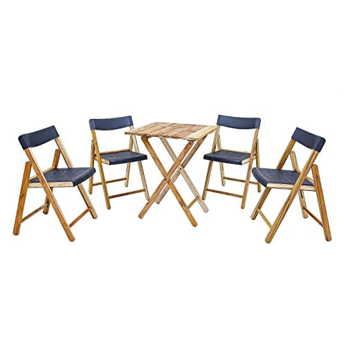 Image of Tramontina, Folding Table and 4 x Chairs, 5-Pcs Wooden Garden Furniture Set, Sustainable Teak Wood, Outdoor Bistro Dining Set, Natural Wood Colour, Grey Plastic Seat
