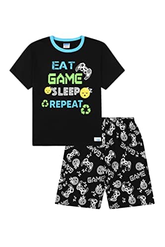 Image of ThePyjamaFactory Boys Eat Game Sleep Controller Black Green Short Cotton Pyjama Set (13-14 Years)