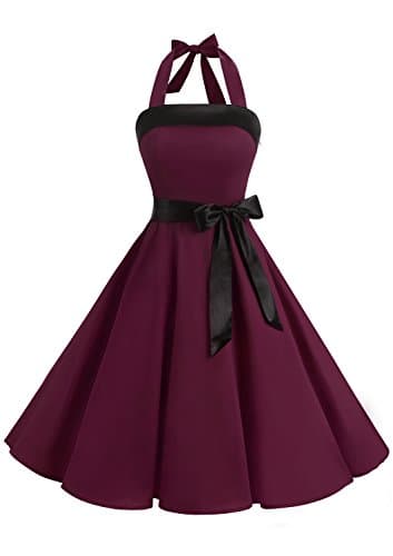Image of Timormode Women Vintage 1950s Halter Neck Lace Up Back Cocktail Party Swing Dresses Burgundy M